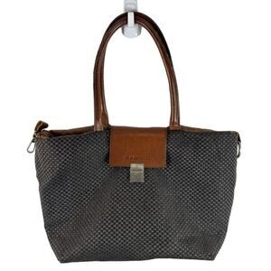 Manoco Woven Canvas Tote Bag Quilted Lining Leather Trim Top Handle Grey